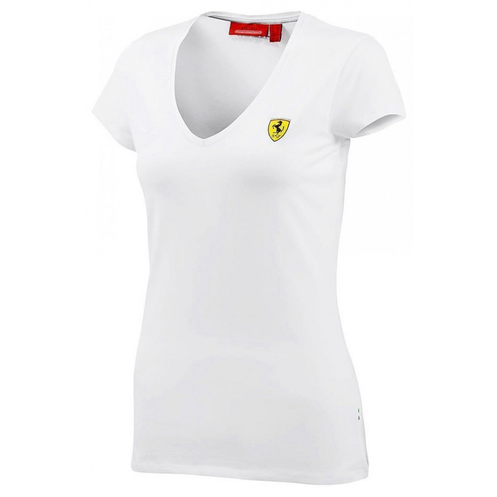Tricou femei Official F1 Ferrari, tricou dama original/licenta, 100% bumbac, logo tesut Ferrari, cusatura ornamentala contrast, V-neck, Ferrari, alb, L