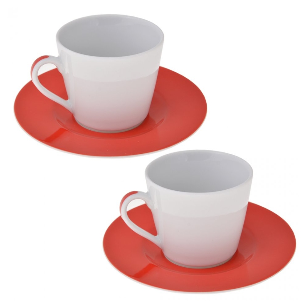 Cesti cu farfurie din portelan, set de 2 cesti si 2 farfurii ceramica pentru cafea sau cappuccino, cana 175 ml si farfurioara, set de 2, Bialetti, alb-rosu