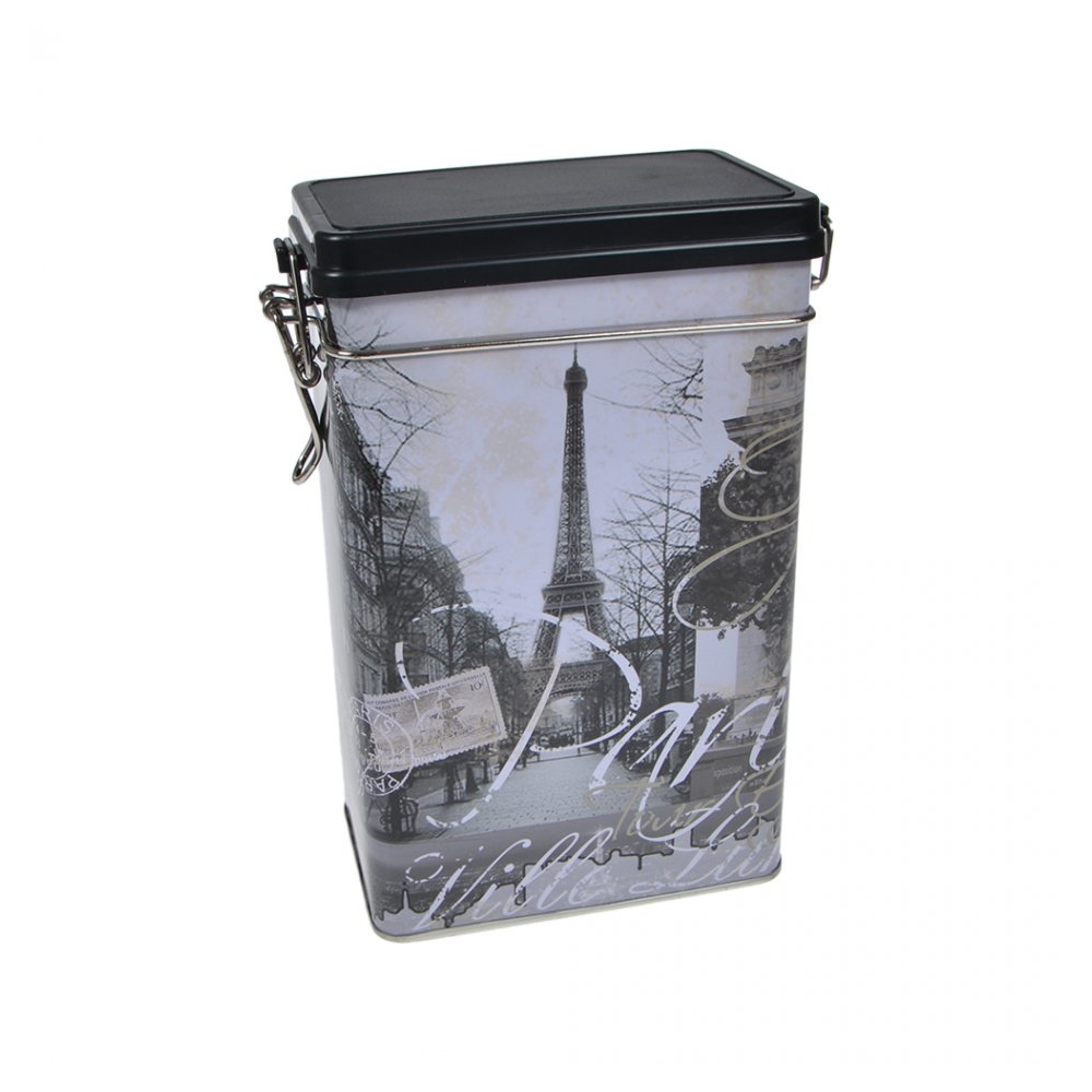 Cutie metalica depozitare alimente, recipient cu capac etans din plastic, Paris, 1.8 L, alb-negru, 11.7 x 7.8 x 19.7 cm