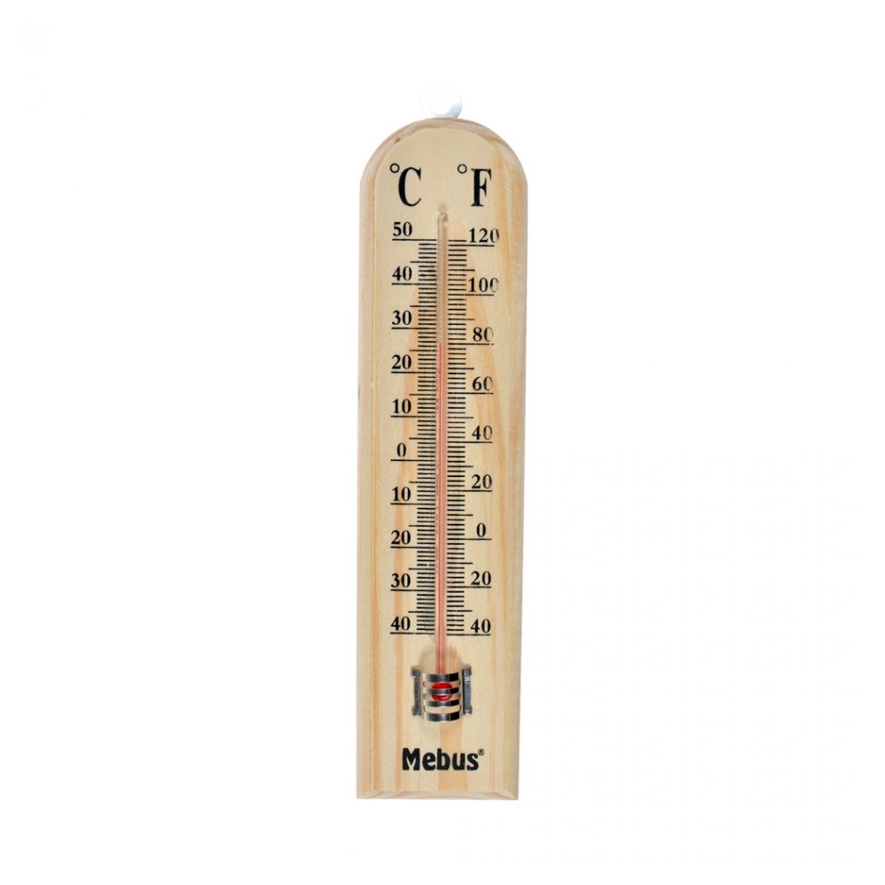 Termometru de interior/exterior, scala C si F, interval de temperatura -40C pana la 50C, suport de lemn, sistem de agatare, Mebus