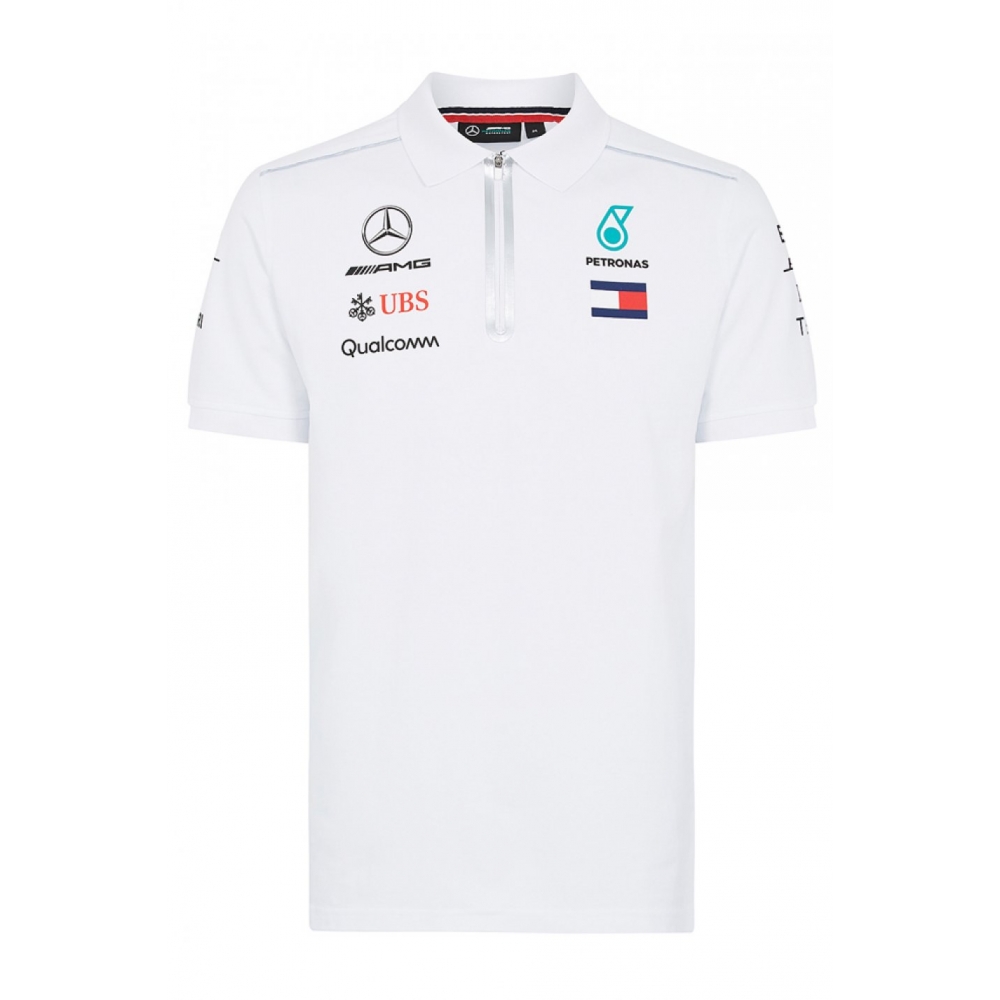 Tricou barbati, polo, Official F1 Mercedes sezon 2018, original / licenta, 100% bumbac, tricou TEAM barbatesc cu guler, inchdere fermoar, sponsor Tommy Hilfiger, alb, L