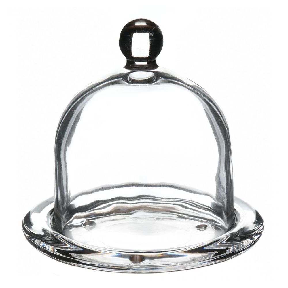 Platou tip clopot pentru branzeturi/prajituri/unt, Cok, din sticla, farfurie cu capac cupola, d 12 cm, h 12 cm, transparent