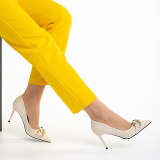 Avalansa reducerilor - Reduceri Pantofi dama bej din material textil cu toc Rosette Promotie