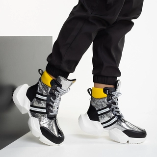 Marea lichidare de iarna - Reduceri Pantofi sport dama negri cu argintiu din piele ecologica Rashia Promotie