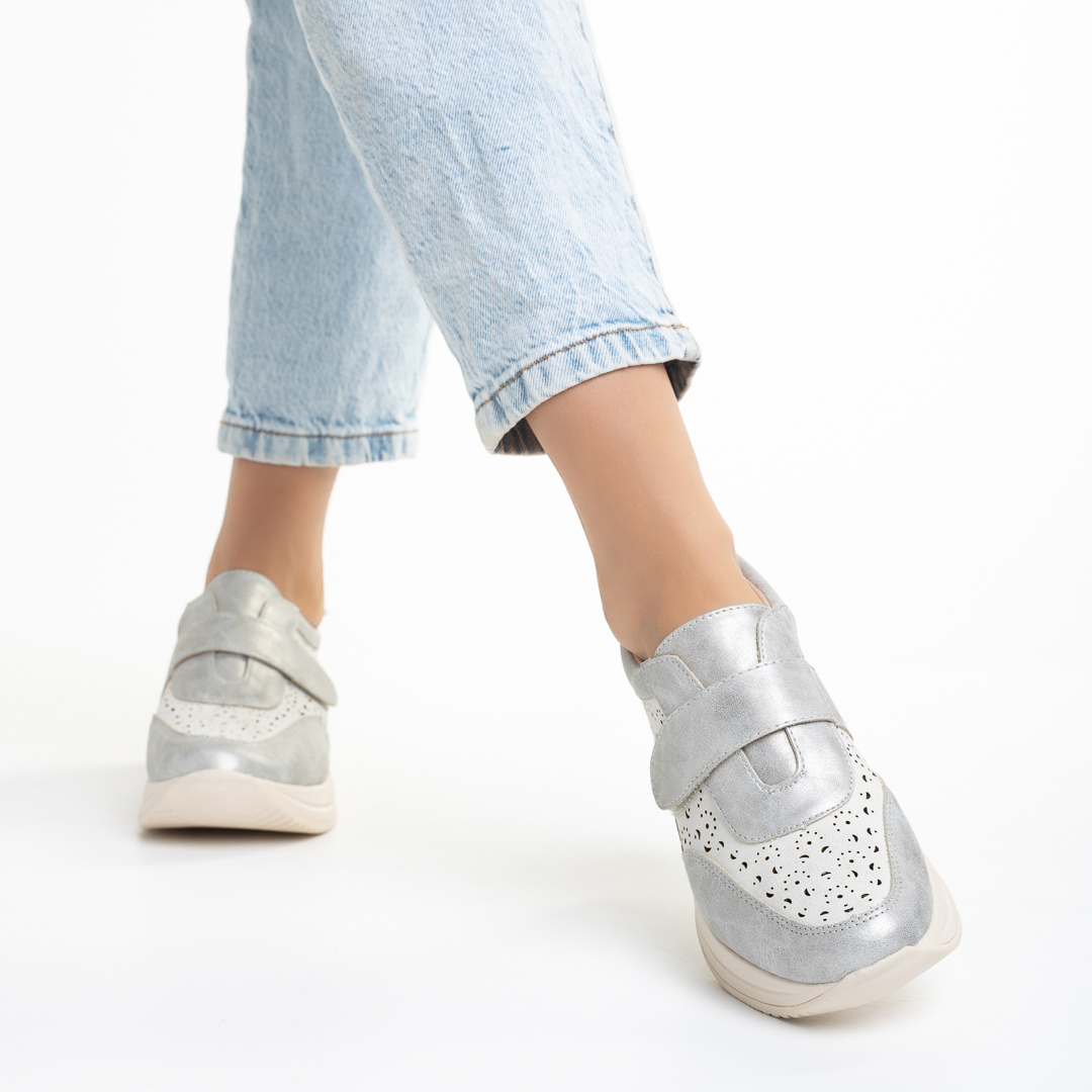 Pantofi casual dama argintii din piele ecologica LEIDI