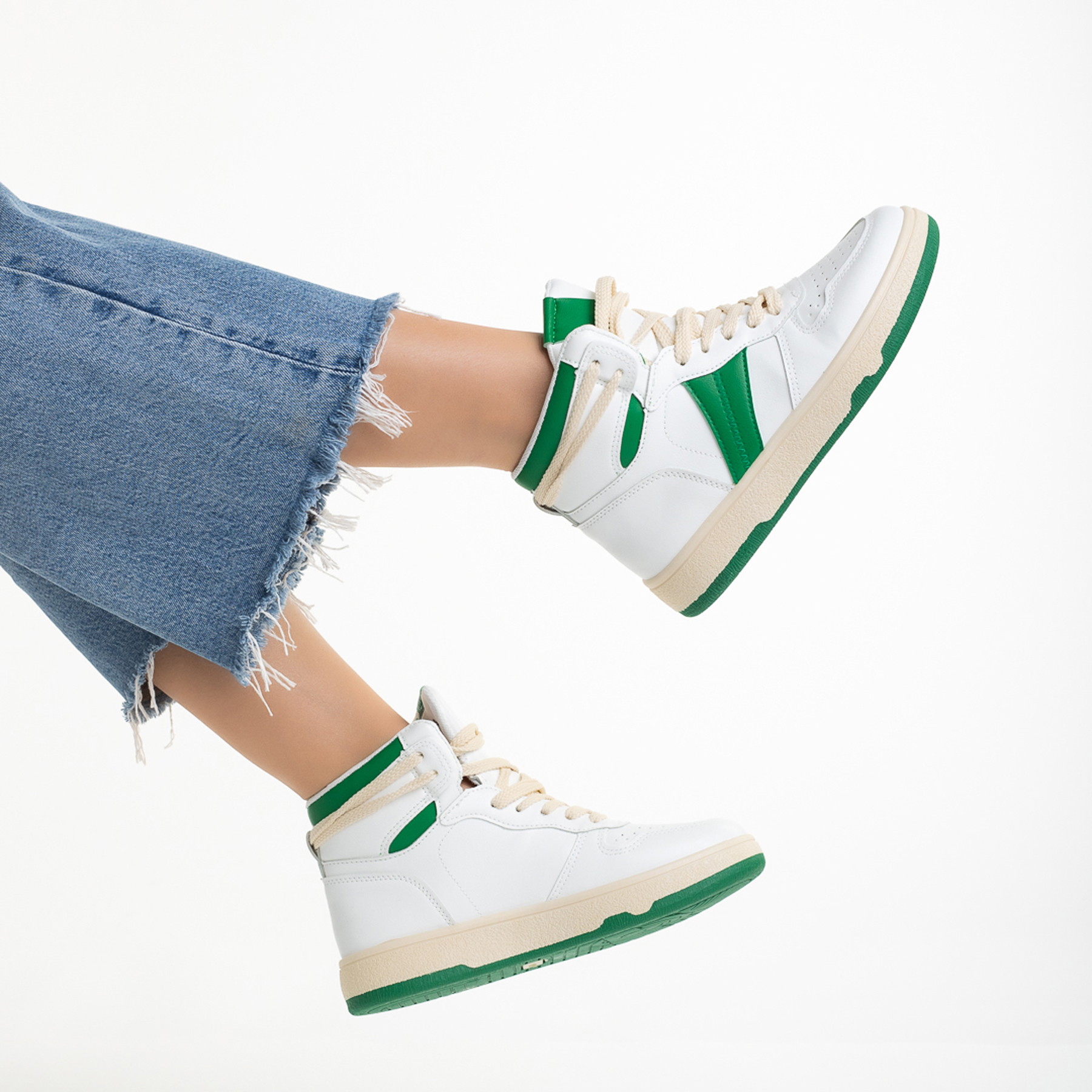 Pantofi sport dama albi cu verde din piele ecologica Raizel