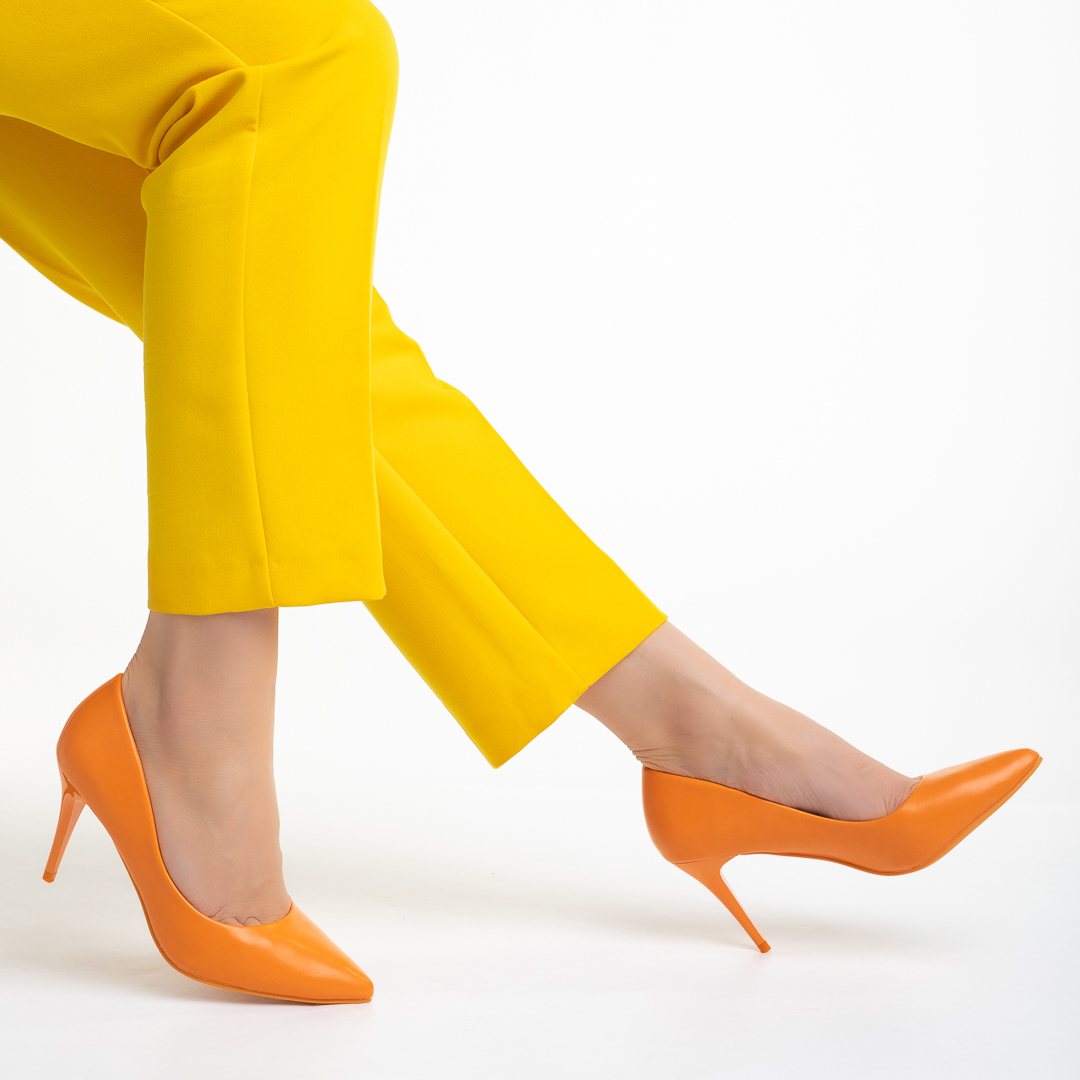 Pantofi dama portocalii din piele ecologica cu toc Lenaya Incaltaminte Dama 2023-03-19