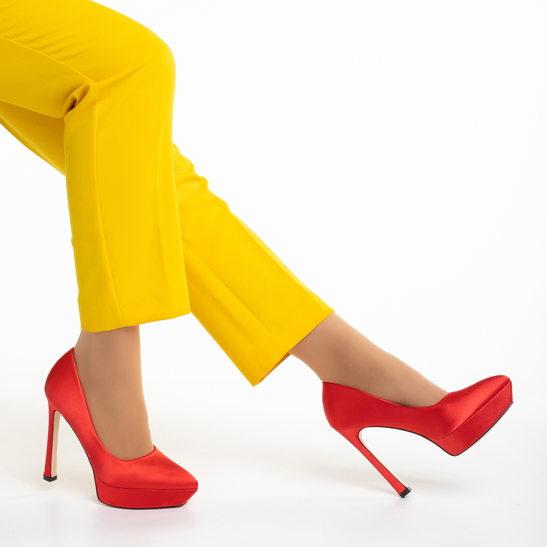 Pantofi dama rosii din material textil cu toc Coriana