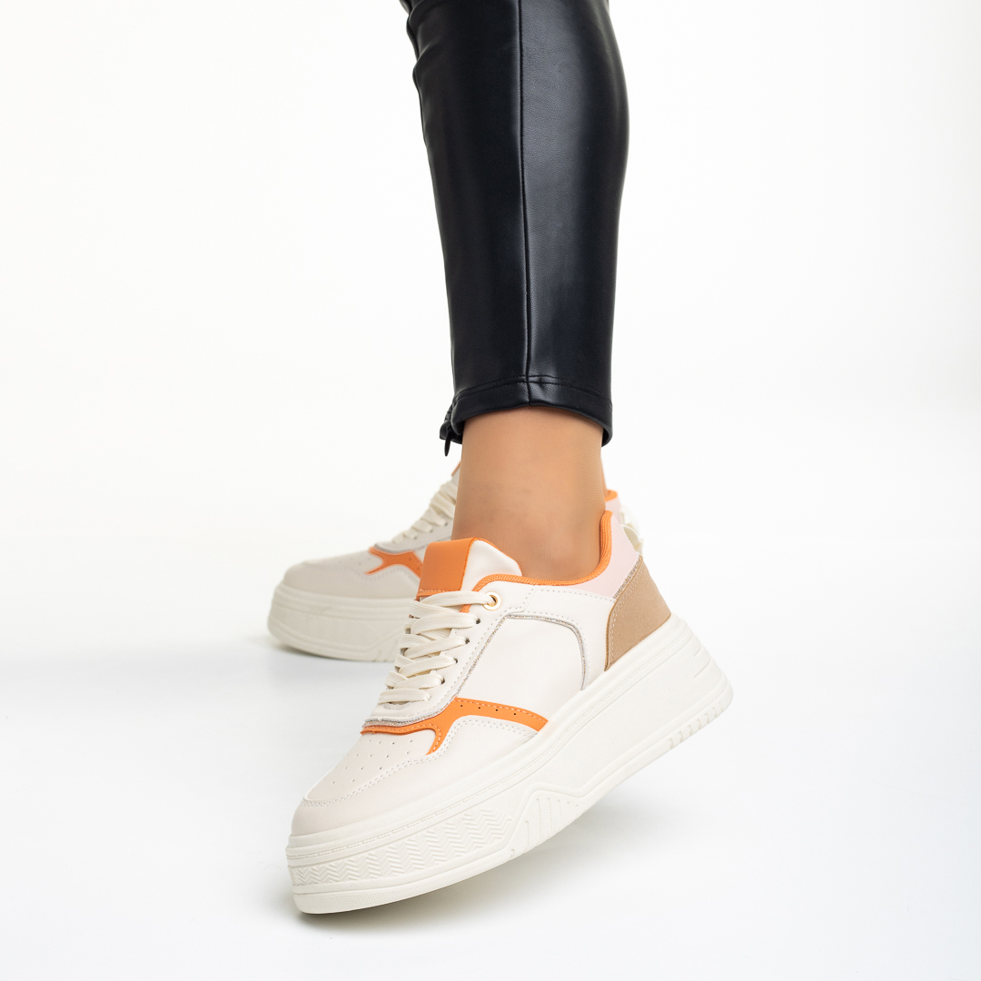 Pantofi sport dama bej cu portocaliu din piele ecologica Tayah