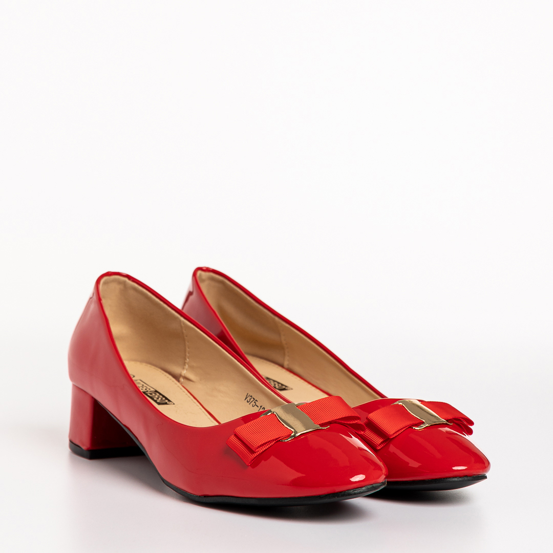 Pantofi dama rosii din piele ecologica lacuita cu toc Denica