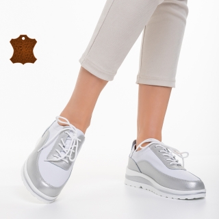Pantofi casual dama albi cu argintiu din piele naturala Lessie