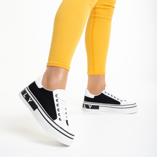 Pantofi sport dama albi cu negru din piele ecologica si material textil Calandra