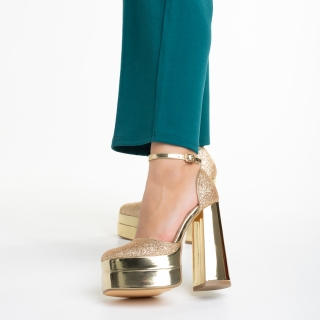 Avalansa reducerilor - Reduceri Pantofi dama aurii din material textil cu toc Elara Promotie