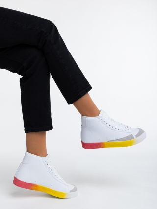Winter Sale - Reduceri Pantofi sport dama albi cu galben din piele ecologica Kianna Promotie